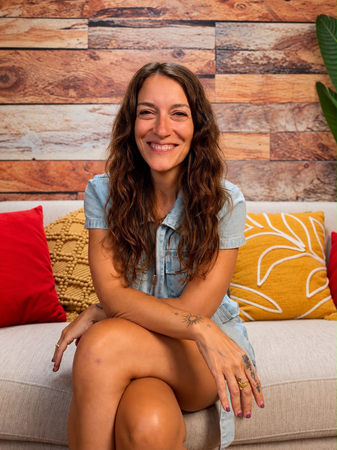 Chrissy Beth smiling on a sofa.